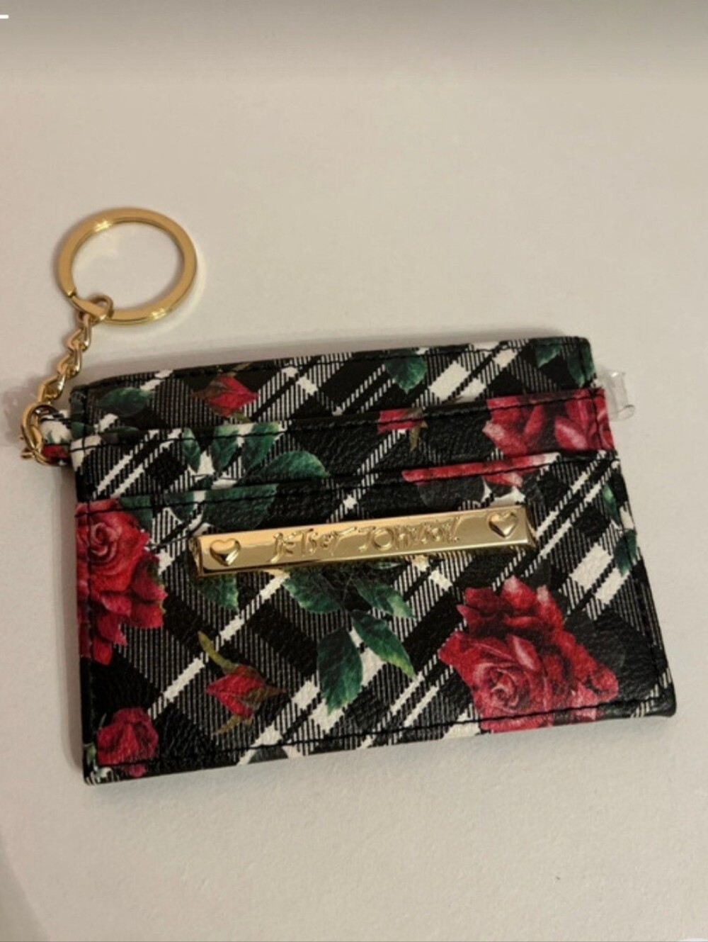 Betsey Johnson Floral Plaid Card Wallet With Keyring, NWOT